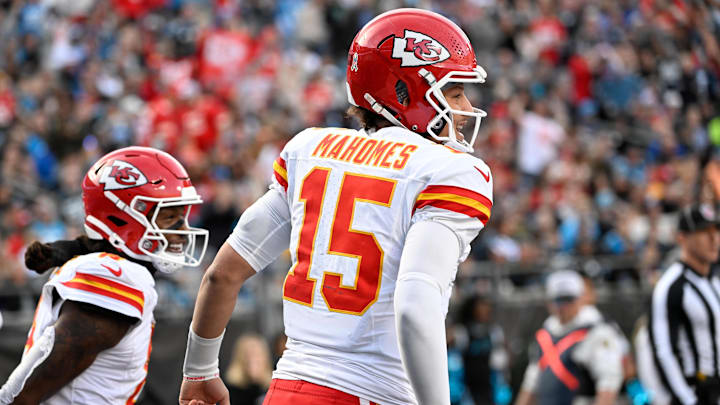 Nov 24, 2024; Charlotte, North Carolina, USA; Kansas City Chiefs wide receiver DeAndre Hopkins (8) celebrates with quarterback Patrick Mahomes (15) after scoring a touchdown in the third quarter at Bank of America Stadium. Mandatory Credit: Bob Donnan-Imagn Images Nov 24, 2024; Charlotte, North Carolina, USA; Kansas City Chiefs wide receiver DeAndre Hopkins (8) celebrates with quarterback Patrick Mahomes (15) after scoring a touchdown in the third quarter at Bank of America Stadium. Mandatory Credit: Bob Donnan-Imagn Images