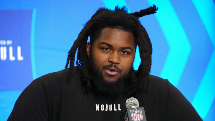 Feb 28, 2024; Indianapolis, IN, USA; Illinois defensive lineman Johnny Newton (DL20) speaks at a press conference at the NFL Scouting Combine at Indiana Convention Center. Mandatory Credit: Kirby Lee-Imagn Images