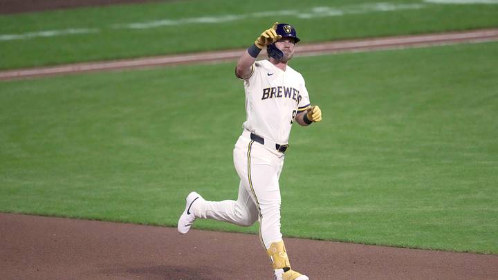Milwaukee Brewers first baseman Jake Bauers (9) rounds the bases after hitting a three-run home run off of Toronto Blue Jays pitcher Kevin Gausman during the fourth inning of their game Tuesday, April 14, 2026 at American Family Field in Milwaukee, Wisconsin.