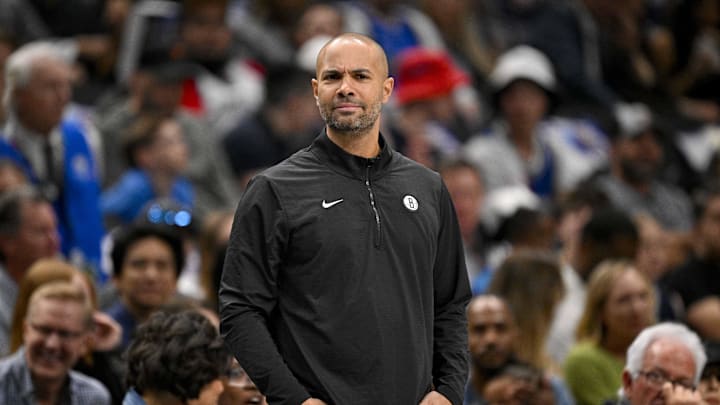 Mar 31, 2025; Dallas, Texas, USA; Brooklyn Nets head coach Jordi Fernandez looks on during the first quarter against the Dallas Mavericks at the American Airlines Center. Mandatory Credit: Jerome Miron-Imagn Images Mar 31, 2025; Dallas, Texas, USA; Brooklyn Nets head coach Jordi Fernandez looks on during the first quarter against the Dallas Mavericks at the American Airlines Center. Mandatory Credit: Jerome Miron-Imagn Images