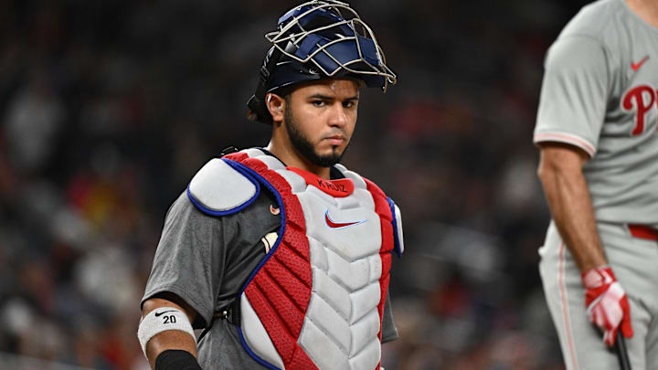 Sep 27, 2024; Washington, District of Columbia, USA;  Washington Nationals catcher Keibert Ruiz (20) looks to the dugout during the second inning against the Philadelphia Phillies at Nationals Park. 