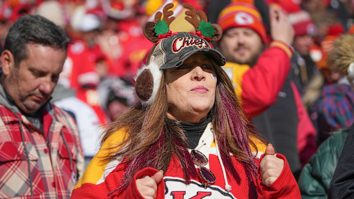 Dec 21, 2024; Kansas City, Missouri, USA; A Kansas City Chiefs fan shows support against the Houston Texans during the first half at GEHA Field at Arrowhead Stadium. Mandatory Credit: Denny Medley-Imagn Images Dec 21, 2024; Kansas City, Missouri, USA; A Kansas City Chiefs fan shows support against the Houston Texans during the first half at GEHA Field at Arrowhead Stadium. Mandatory Credit: Denny Medley-Imagn Images