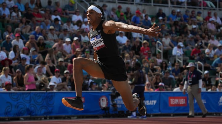 Jun 30, 2024; Eugene, OR, USA; Russell Robinson places second in the triple jump at 55-9 34 (17.01m) during the US Olympic Team Trials at Hayward Field. Mandatory Credit: Kirby Lee-USA TODAY Sports Jun 30, 2024; Eugene, OR, USA; Russell Robinson places second in the triple jump at 55-9 34 (17.01m) during the US Olympic Team Trials at Hayward Field. Mandatory Credit: Kirby Lee-USA TODAY Sports
