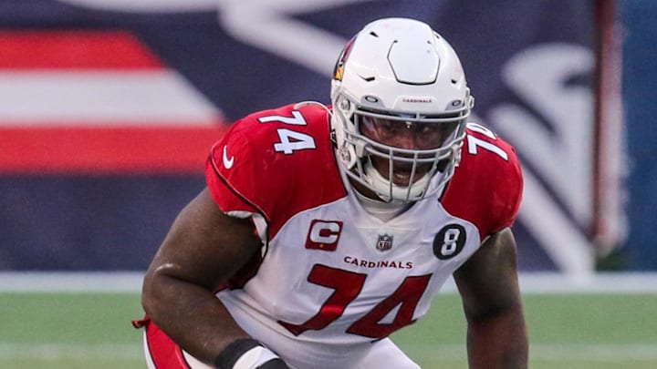 Nov 29, 2020; Foxborough, Massachusetts, USA; Arizona Cardinals offensive lineman DJ Humphries (74) against the New England Patriots at Gillette Stadium. Mandatory Credit: Paul Rutherford-Imagn Images