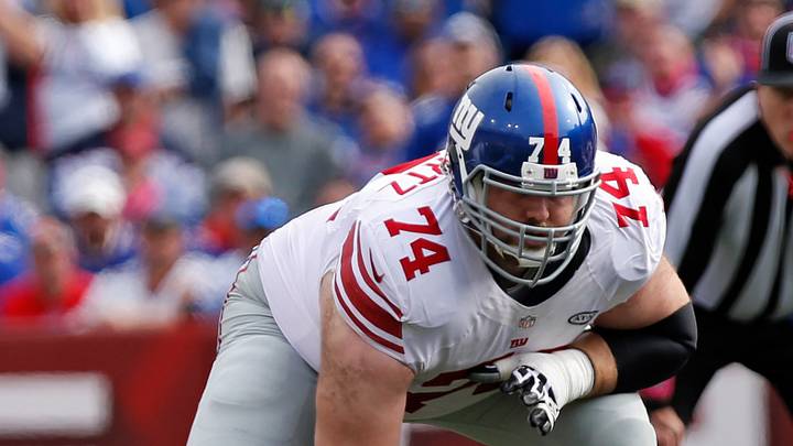 Oct 4, 2015; Orchard Park, NY, USA; New York Giants guard Geoff Schwartz (74) during the game against the Buffalo Bills at Ralph Wilson Stadium. Mandatory Credit: Kevin Hoffman-USA TODAY Sports