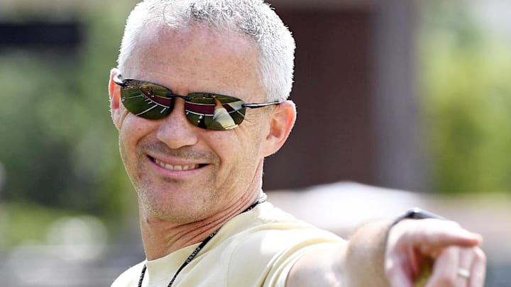 Apr 20, 2024; Tallahassee, Florida, USA; Florida State Seminoles head coach Mike Norvell smiles during the Spring Showcase at Doak S. Campbell Stadium. Mandatory Credit: Melina Myers-USA TODAY Sports
