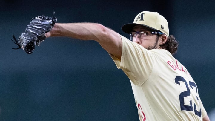 Arizona Diamondbacks pitcher Zac Gallen (23) delivers a pitch on July 9, 2024 at Chase Field in Phoenix.