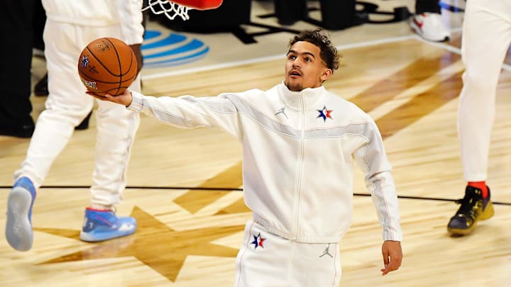 Feb 16, 2020; Chicago, Illinois, USA; Team Giannis guard Trae Young of the Atlanta Hawks warms up before the 2020 NBA All Star Game at United Center. Mandatory Credit: Quinn Harris-Imagn Images