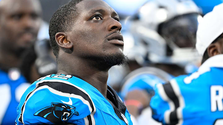 Aug 8, 2025; Charlotte, North Carolina, USA; Carolina Panthers defensive tackle Tershawn Wharton (92) on the sidelines in the second quarter at Bank of America Stadium. Aug 8, 2025; Charlotte, North Carolina, USA; Carolina Panthers defensive tackle Tershawn Wharton (92) on the sidelines in the second quarter at Bank of America Stadium.
