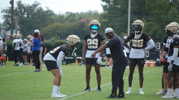Joe Woods teaching Saints corners drills at Saints minicamp.