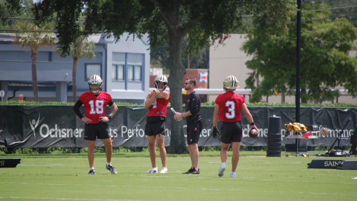 Saints quarterbacks Spencer Rattler, Derek Carr and Jake Haener at OTAs with Andrew Janocko.
