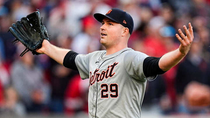 Detroit Tigers pitcher Tarik Skubal (29) celebrates after a double play against Cleveland Guardians in the sixth inning of Game 2 of ALDS at Progressive Field in Cleveland, Ohio on Monday, Oct. 7, 2024.