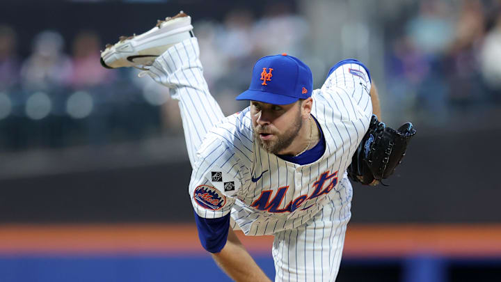 Sep 4, 2024; New York City, New York, USA; New York Mets starting pitcher Tylor Megill (38) follows through on a pitch against the Boston Red Sox during the first inning at Citi Field. Mandatory Credit: Brad Penner-Imagn Images