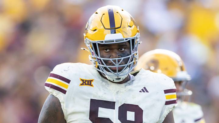 Oct 18, 2025; Tempe, Arizona, USA; Arizona State Sun Devils offensive lineman Max Iheanachor (58) against the Texas Tech Red Raiders at Mountain America Stadium. Mandatory Credit: Mark J. Rebilas-Imagn Images Oct 18, 2025; Tempe, Arizona, USA; Arizona State Sun Devils offensive lineman Max Iheanachor (58) against the Texas Tech Red Raiders at Mountain America Stadium. Mandatory Credit: Mark J. Rebilas-Imagn Images