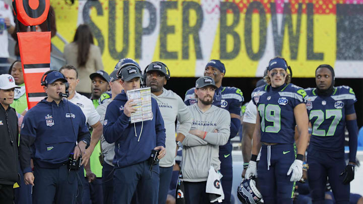 [US, Mexico & Canada customers only]  Feb 8, 2026; Santa Clara, CA, USA;  Seattle Seahawks head coach Mike MacDonald on the sideline against the New England Patriots during Super Bowl LX at Levi's Stadium. Mandatory Credit: Mike Blake/Reuters via Imagn Images
