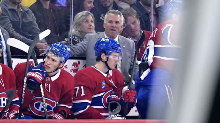 Oct 20, 2025; Montreal, Quebec, CAN; Montreal Canadiens head coach Martin St-Louis during the first period of the game against the Buffalo Sabres at the Bell Centre. Mandatory Credit: Eric Bolte-Imagn Images