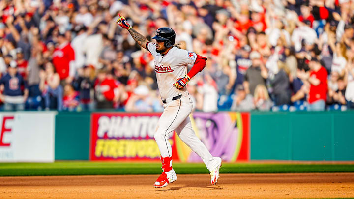 Cleveland Guardians shortstop Gabriel Arias (13) reacts to his homer during the home opening game against the Chicago Cubs, April 4, 2026, at Progressive Field in Cleveland, Ohio.