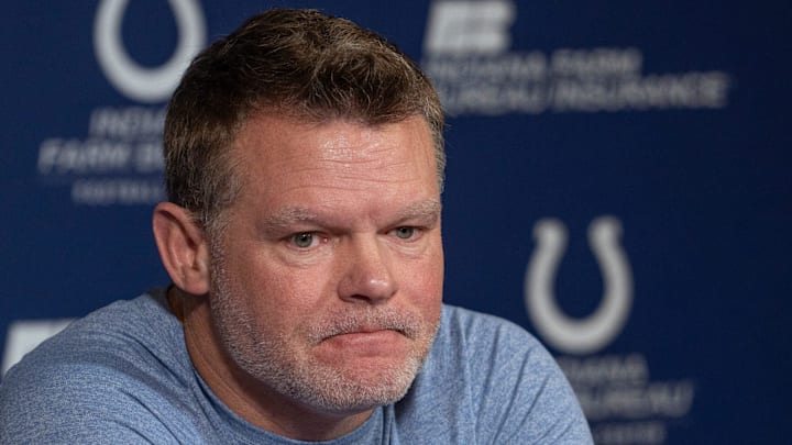 Indianapolis Colts General Manager Chris Ballard opens his pre-draft press conference discussing support for the family of long-time scout Matt Terpening in the loss of his wife, Monday, April 21, 2025 at the Colts headquarters, the Indiana Farm Bureau Football Center.