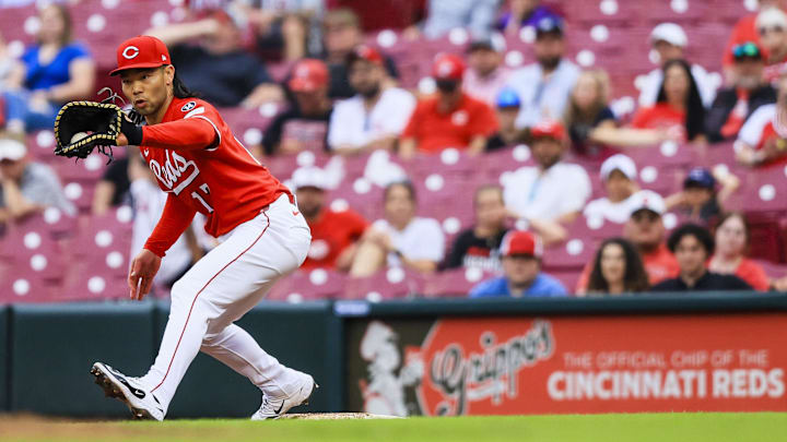 Jun 7, 2025; Cincinnati, Ohio, USA; Cincinnati Reds first baseman Connor Joe (17) tags Arizona Diamondbacks outfielder Randal Grichuk (not pictured) out at first in the ninth inning at Great American Ball Park. Mandatory Credit: Katie Stratman-Imagn Images