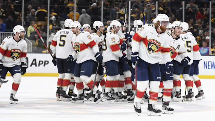 The 2023 Panthers celebrate a Game 5 first-round win over the Bruins.