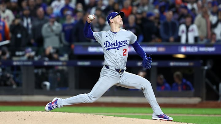 Oct 16, 2024; New York City, New York, USA; Los Angeles Dodgers pitcher Walker Buehler (21) throws a pitch against the New York Mets in the first inning during game three of the NLCS for the 2024 MLB playoffs at Citi Field. Mandatory Credit: Wendell Cruz-Imagn Images Oct 16, 2024; New York City, New York, USA; Los Angeles Dodgers pitcher Walker Buehler (21) throws a pitch against the New York Mets in the first inning during game three of the NLCS for the 2024 MLB playoffs at Citi Field. Mandatory Credit: Wendell Cruz-Imagn Images