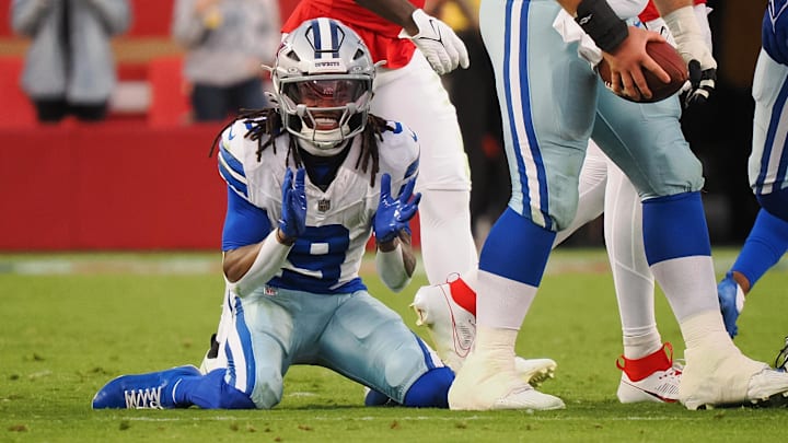 Oct 27, 2024; Santa Clara, California, USA; Dallas Cowboys wide receiver KaVonte Turpin (9) reacts after a fumble recovered by a teammate against the San Francisco 49ers during the first quarter at Levi's Stadium. Mandatory Credit: Kelley L Cox-Imagn Images Oct 27, 2024; Santa Clara, California, USA; Dallas Cowboys wide receiver KaVonte Turpin (9) reacts after a fumble recovered by a teammate against the San Francisco 49ers during the first quarter at Levi's Stadium. Mandatory Credit: Kelley L Cox-Imagn Images
