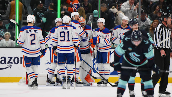 The Edmonton Oilers celebrate defeating the Seattle Kraken 