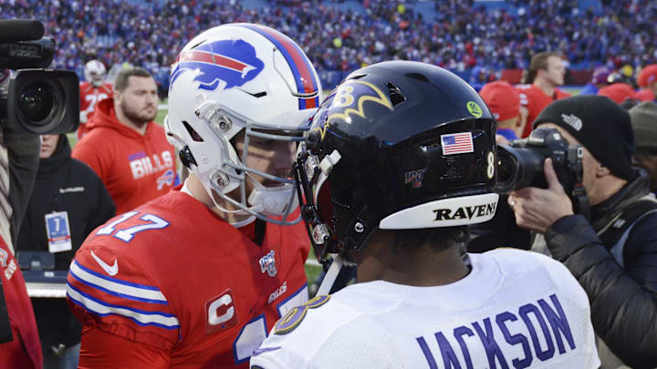 Dec 8, 2019; Orchard Park, NY, USA; Buffalo Bills quarterback Josh Allen (17) meets Baltimore Ravens quarterback Lamar Jackson (8) at mid-field after a game at New Era Field. Mandatory Credit: Mark Konezny-Imagn Images