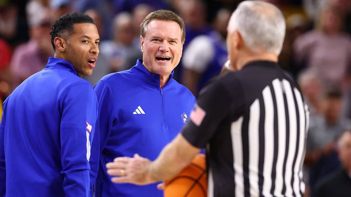 Mar 3, 2026; Tempe, Arizona, USA; Kansas Jayhawks head coach Bill Self reacts after being ejected from the game against the Arizona State Sun Devils in the first half at Desert Financial Arena. Mandatory Credit: Mark J. Rebilas-Imagn Images Mar 3, 2026; Tempe, Arizona, USA; Kansas Jayhawks head coach Bill Self reacts after being ejected from the game against the Arizona State Sun Devils in the first half at Desert Financial Arena. Mandatory Credit: Mark J. Rebilas-Imagn Images