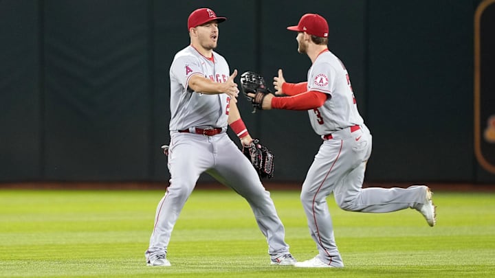 May 14, 2022; Oakland, California, USA; Los Angeles Angels center fielder Mike Trout (27) and right