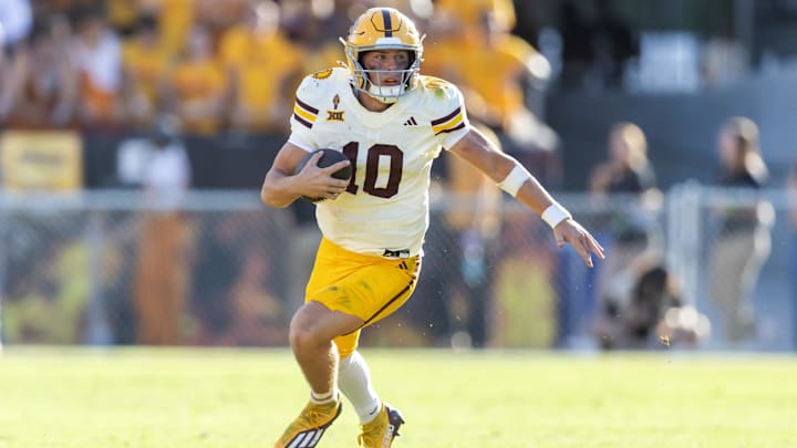 Oct 18, 2025; Tempe, Arizona, USA; Arizona State Sun Devils quarterback Sam Leavitt (10) against the Texas Tech Red Raiders in the second half at Mountain America Stadium. Mandatory Credit: Mark J. Rebilas-Imagn Images