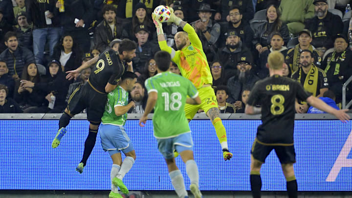 Nov 23, 2024; Los Angeles, California, USA; Seattle Sounders FC goalkeeper Stefan Frei (24) makes a save in the first half against LAFC in a 2024 MLS Cup western conference semifinal match at BMO Stadium. Mandatory Credit: Jayne Kamin-Oncea-Imagn Images