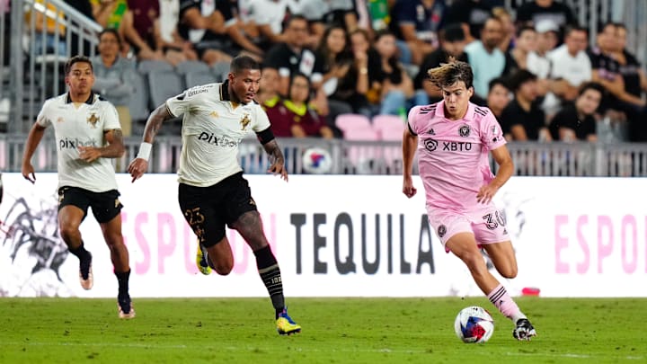 Jan 21, 2023; Fort Lauderdale, FL, USA; Inter Miami CF midfielder Benjamin Cremaschi (30) dribbles the ball past Vasco da Gama midfielder Ze Gabriel (23) during the second half at DRV PNK Stadium. Mandatory Credit: Rich Storry-USA TODAY Sports