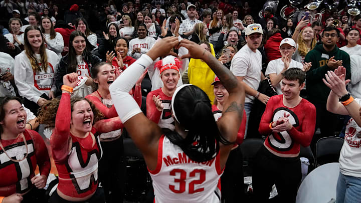 Ohio State Buckeyes forward Cotie McMahon (32) thanks the student section following the come-from-behind 74-66 win over the Maryland Terrapins in the NCAA women's basketball game at Value City Arena on Jan. 23, 2025.