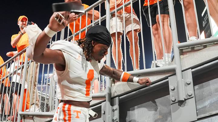 Tennessee defensive back TJ Metcalf (1) with a belt after a college football game between Tennessee and Georgia Tech at Bobby Dodd Stadium in Atlanta, Ga., on Sept. 12, 2026. Tennessee defensive back TJ Metcalf (1) with a belt after a college football game between Tennessee and Georgia Tech at Bobby Dodd Stadium in Atlanta, Ga., on Sept. 12, 2026.