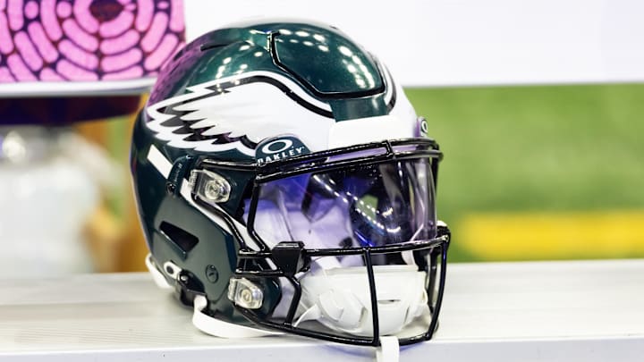 Feb 9, 2025; New Orleans, LA, USA; Detailed view of a Philadelphia Eagles helmet during Super Bowl LIX at Ceasars Superdome. Mandatory Credit: Mark J. Rebilas-Imagn Images
