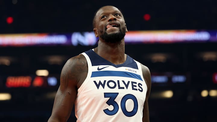 Nov 21, 2025; Phoenix, Arizona, USA; Minnesota Timberwolves forward Julius Randle (30) reacts against the Phoenix Suns in the first half of an NBA Cup game at Mortgage Matchup Center. Mandatory Credit: Mark J. Rebilas-Imagn Images Nov 21, 2025; Phoenix, Arizona, USA; Minnesota Timberwolves forward Julius Randle (30) reacts against the Phoenix Suns in the first half of an NBA Cup game at Mortgage Matchup Center. Mandatory Credit: Mark J. Rebilas-Imagn Images