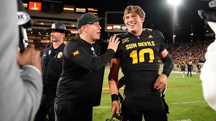 Sep 26, 2025; Tempe, Arizona, USA; Arizona State Sun Devils quarterback Sam Leavitt (10) celebrates with head coach Kenny Dillingham after win against TCU Horned Frogs at Mountain America Stadium, Home of the ASU Sun Devils. Mandatory Credit: Jacob Reiner-Imagn Images