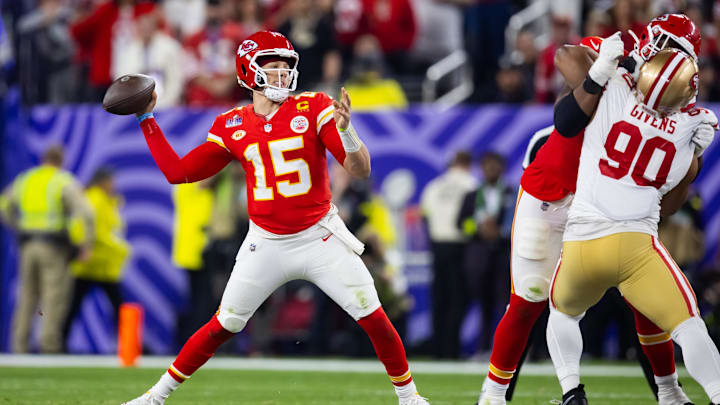Feb 11, 2024; Paradise, Nevada, USA; Kansas City Chiefs quarterback Patrick Mahomes (15) against the San Francisco 49ers during Super Bowl LVIII at Allegiant Stadium. Mandatory Credit: Mark J. Rebilas-Imagn Images Feb 11, 2024; Paradise, Nevada, USA; Kansas City Chiefs quarterback Patrick Mahomes (15) against the San Francisco 49ers during Super Bowl LVIII at Allegiant Stadium. Mandatory Credit: Mark J. Rebilas-Imagn Images