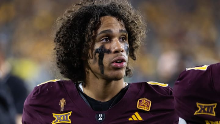 Nov 28, 2025; Tempe, Arizona, USA; Arizona State Sun Devils wide receiver Jordyn Tyson (0) against the Arizona Wildcats during the 99th Territorial Cup at Mountain America Stadium. Mandatory Credit: Mark J. Rebilas-Imagn Images