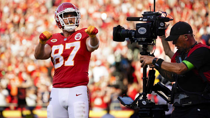 Sep 24, 2023; Kansas City, Missouri, USA; Kansas City Chiefs tight end Travis Kelce (87) celebrates