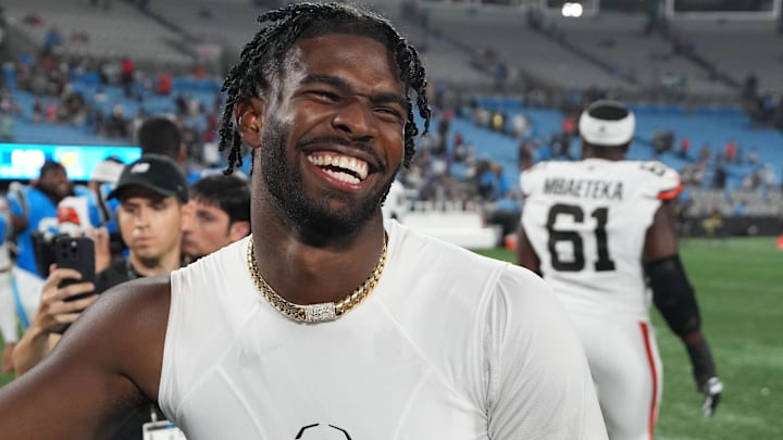 Cleveland Browns quarterback Shedeur Sanders (12) reacts after the game at Bank of America Stadium.