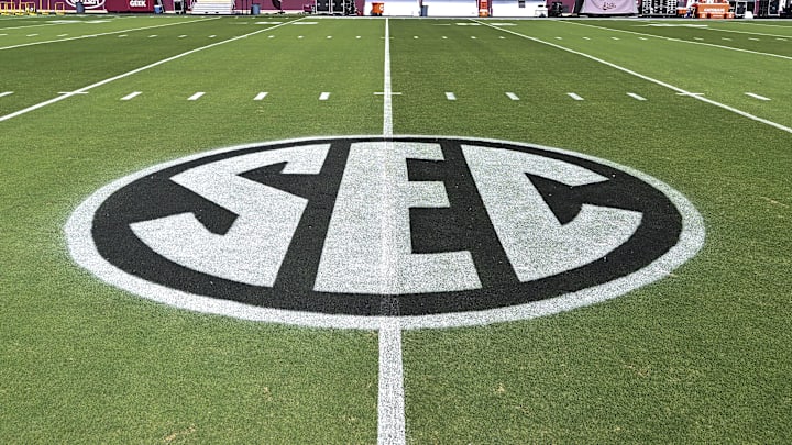Oct 4, 2025; College Station, Texas, USA; A detail view of the SEC logo painted on Kyle Field prior to the game between the Texas A&M Aggies and the Mississippi State Bulldogs. Mandatory Credit: Maria Lysaker-Imagn Images 
