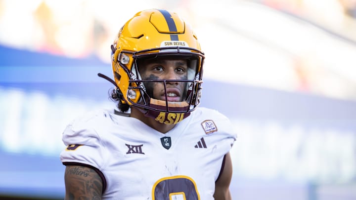 Nov 30, 2024; Tucson, Arizona, USA; Arizona State Sun Devils wide receiver Jordyn Tyson (0) against the Arizona Wildcats during the Territorial Cup at Arizona Stadium. Mandatory Credit: Mark J. Rebilas-Imagn Images