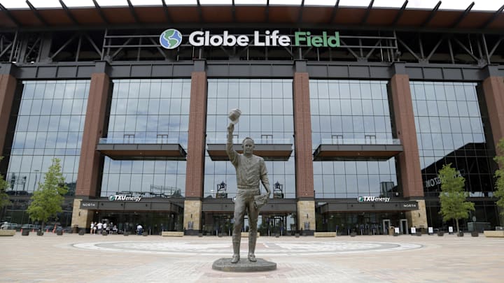 Jun 1, 2020; Arlington, Texas, United States; A statue of Texas Rangers former pitcher Nolan Ryan is
