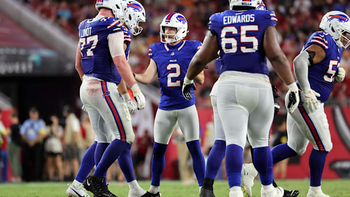 Aug 23, 2025; Tampa, Florida, USA; Buffalo Bills place kicker Tyler Bass (2) makes a field goal against the Tampa Bay Buccaneers during the second half at Raymond James Stadium. Mandatory Credit: Kim Klement Neitzel-Imagn Images