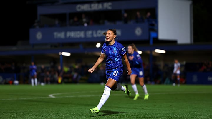 Johanna Rytting Kaneryd of Chelsea celebrates scoring against Tottenham Hotspur