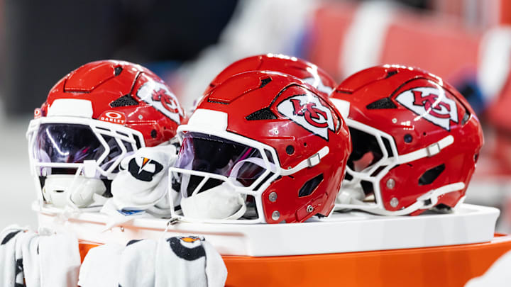 Aug 9, 2025; Glendale, Arizona, USA; Detailed view of a Kansas City Chiefs helmet during a preseason NFL game at State Farm Stadium. Mandatory Credit: Mark J. Rebilas-Imagn Images