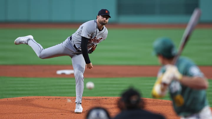 Apr 17, 2026; Boston, Massachusetts, USA; Detroit Tigers starting pitcher Casey Mize (12) delivers a pitch during the first inning against the Boston Red Sox at Fenway Park. Mandatory Credit: Paul Rutherford-Imagn Images
