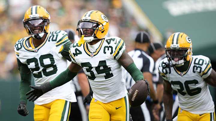 Green Bay Packers cornerback Kalen King (34) reacts to recovering a fumble
